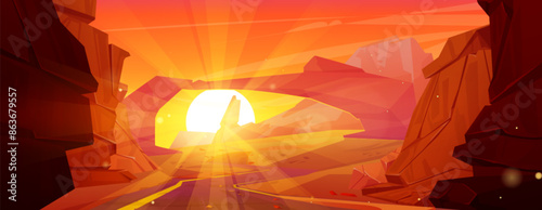 Sunset canyon background. Desert cartoon bg vector. Western mountain landscape wild scene with orange sky. Mexican national park road design for summer journey. Red hot rock cliff land wallpaper