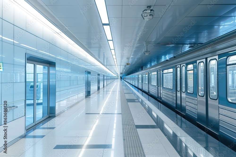 Bright and modern metro station with train and reflective floor. Bright and modern metro station with train and reflective floor.