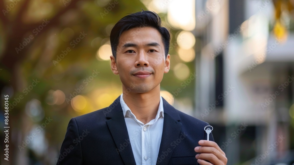 An Asian executive holding a keychain, with plenty of copy space behind for inserting motivational quotes or branding An Asian executive holding a keychain, with plenty of copy space behind for inserting motivational quotes or branding
