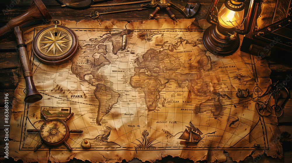 A historical map of a pirate treasure hunt, tattered parchment, old ...