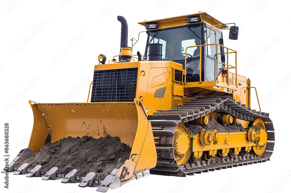 Yellow bulldozer with full bucket on transparent background.