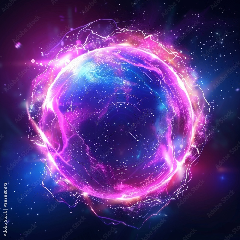 Neon Energy Sphere Surrounded by Dynamic Particles