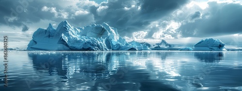  A collection of icebergs afloat on a waterbody, encircled by a cloudy, blue sky laden with clouds photo