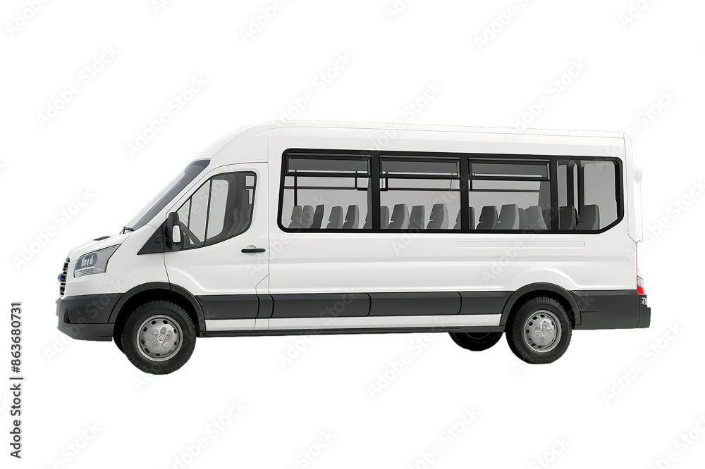 White minibus on transparent background, side view.