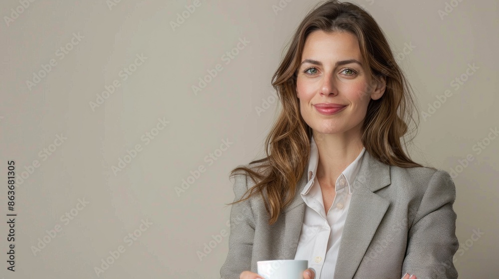 Professional British businesswoman with a hot coffee cup against a neutral backdrop for your custom message , Professional British businesswoman with a hot coffee cup against a neutral backdrop for your custom message ,