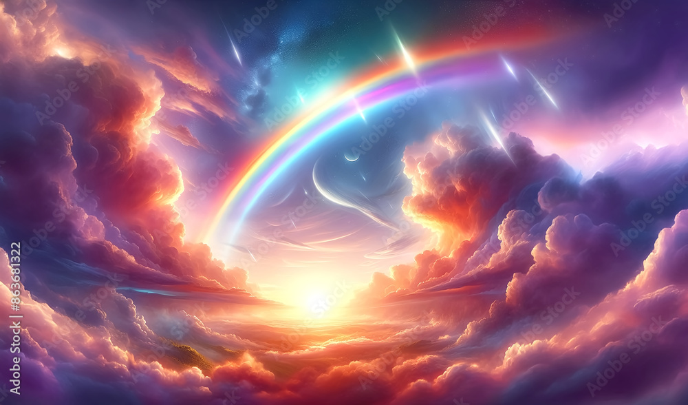 Rainbow above the clouds in the sky decorated with stars at sunrise Rainbow above the clouds in the sky decorated with stars at sunrise