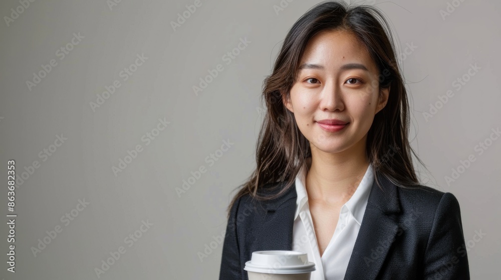 Professional Asian businesswoman with coffee cup against neutral backdrop for your custom message Professional Asian businesswoman with coffee cup against neutral backdrop for your custom message