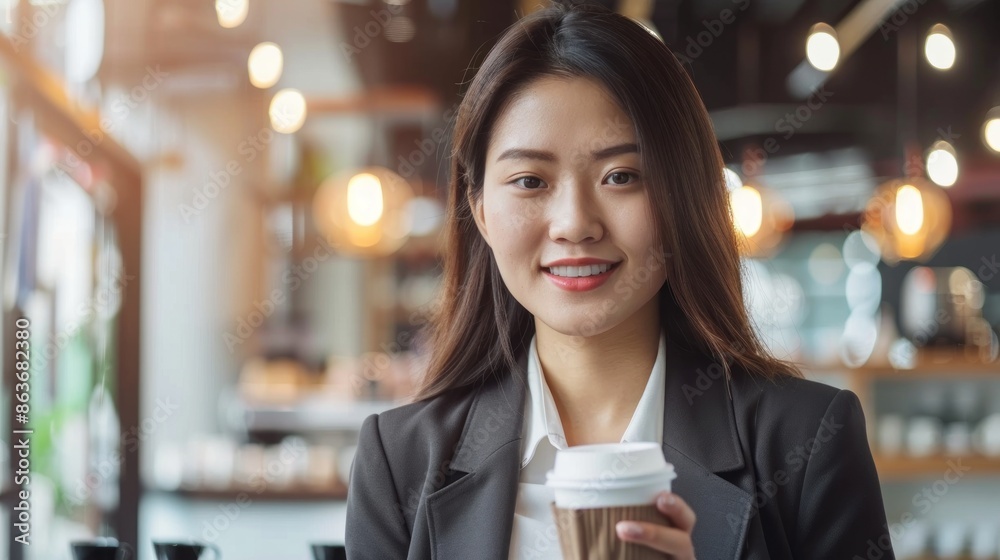 Determined Asian businesswoman enjoying coffee break with blank space for branding or quotes Determined Asian businesswoman enjoying coffee break with blank space for branding or quotes