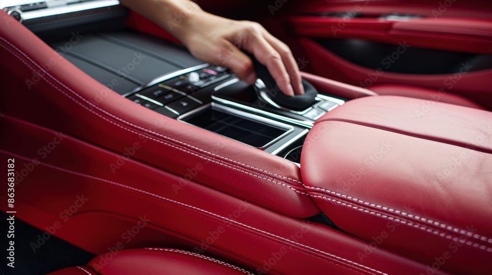 Obraz premium Hand Cleaning Luxurious Car Interior: A Glimpse of Car Maintenance and Care with Red Leather Seats and Modern Dashboard