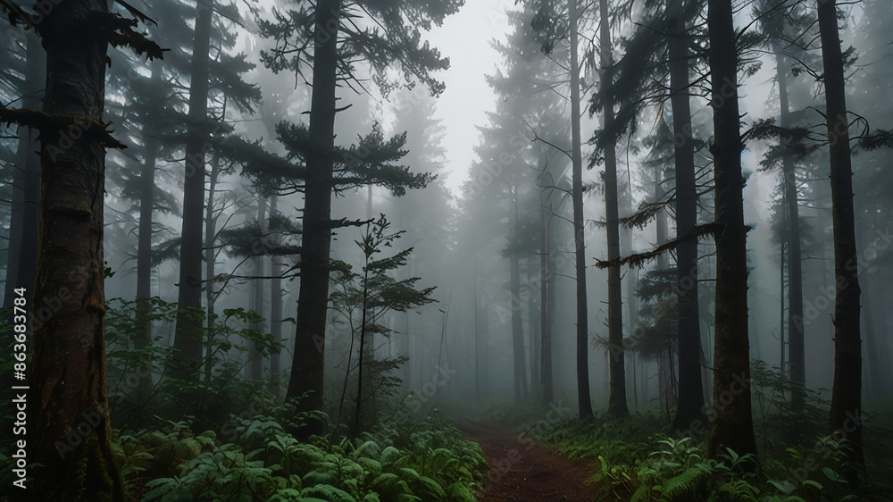 Obraz premium Serene Path Through a Misty Evergreen Forest