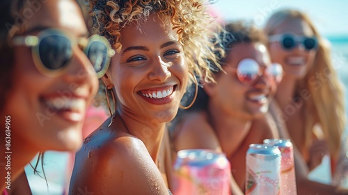 Wallpaper Mural A refreshing advertisement for a new line of flavored sparkling water, featuring people enjoying the drinks at a beach party, with close-ups of the cans and the refreshing bubbles Torontodigital.ca