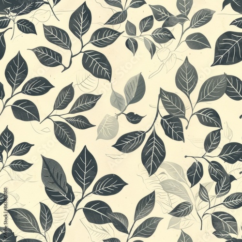 Seamless floral pattern with black and white leaves on beige background. Elegant botanical design for fabric, wallpaper, packaging. Nature, spring, vintage and retro concepts.