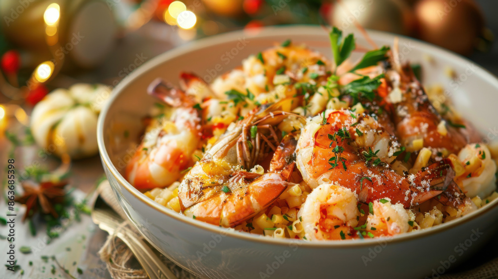 A delicious bowl of garlic shrimp pasta garnished with fresh herbs, served in a cozy, festive setting. A delicious bowl of garlic shrimp pasta garnished with fresh herbs, served in a cozy, festive setting.