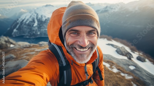 Happy hiker man taking selfie portrait on the top of mountain 