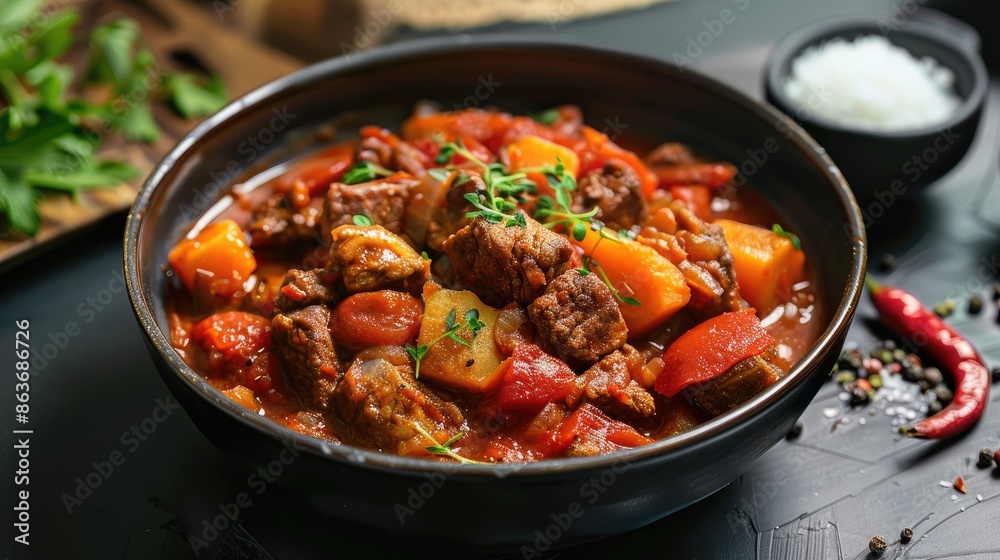 Stewed vegetables and meat in a tangy tomato base Stewed vegetables and meat in a tangy tomato base