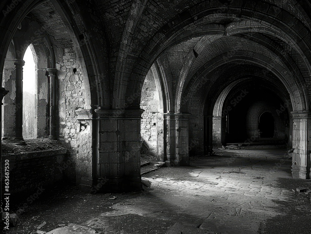 Shadowy gothic arches in abandoned abbey Shadowy gothic arches in abandoned abbey