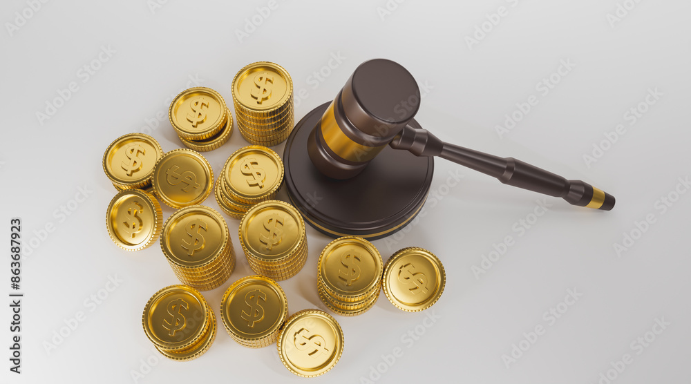 Wooden gavel stack golden coins on white background, Law on auction and bidding, Hammer knock or regulation for participating in auction public sale property business concept, 3d render illustration. Wooden gavel stack golden coins on white background, Law on auction and bidding, Hammer knock or regulation for participating in auction public sale property business concept, 3d render illustration.