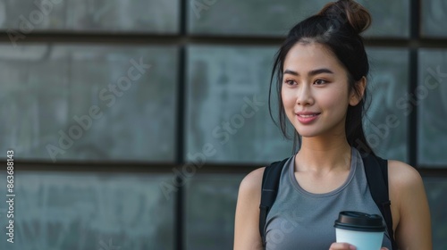 Free Download Determined Asian sportswoman enjoying coffee with space for text or logos ,  - GFXLoad
