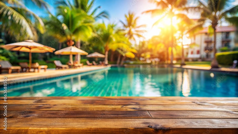 Empty wooden desk against blurred tropical resort pool backdrop, perfect for advertising summer travel, mockup with copy space, warm bokeh ambiance, and serene ambiance. Empty wooden desk against blurred tropical resort pool backdrop, perfect for advertising summer travel, mockup with copy space, warm bokeh ambiance, and serene ambiance.