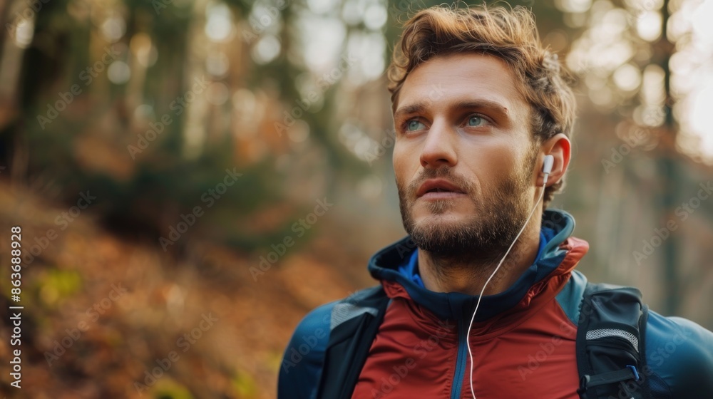 Male runner with earbuds on a trail, blank background , Male runner with earbuds on a trail, blank background ,