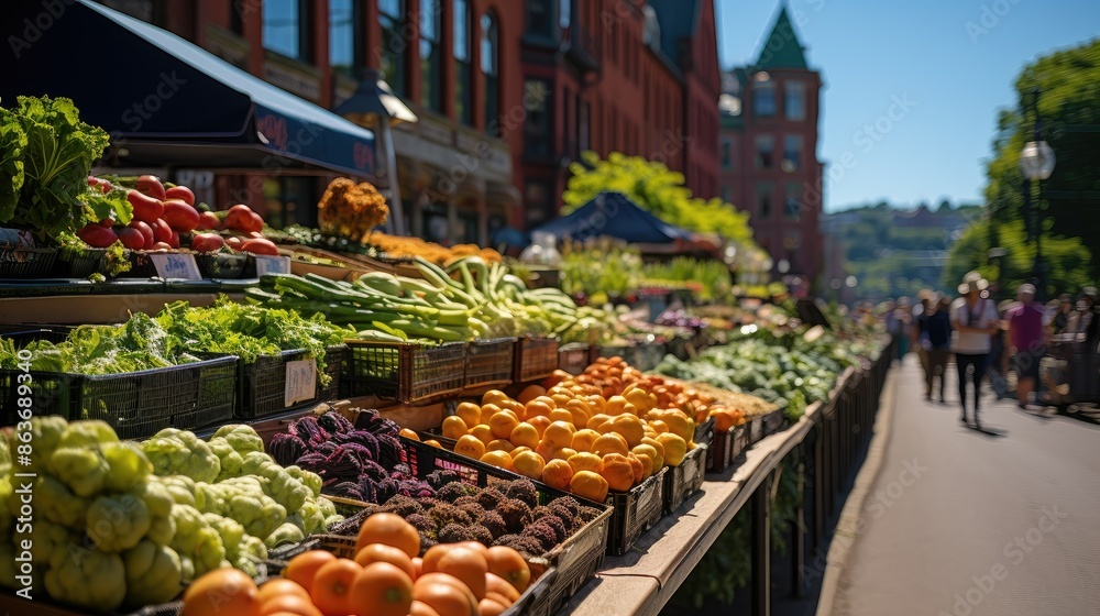 Sunny day at bustling farmer's market Sunny day at bustling farmer's market