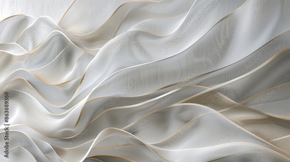 An elegant coffee shop wall covering, featuring a big cluster of waving lines in dove grey and soft gold on non-woven fabric, creating a relaxed yet sophisticated feel.