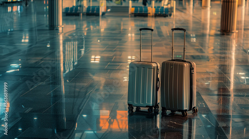 Two minimalist suitcases positioned in an empty airport terminal, reflecting on the polished floor. Departure gates in the background hint at new adventures