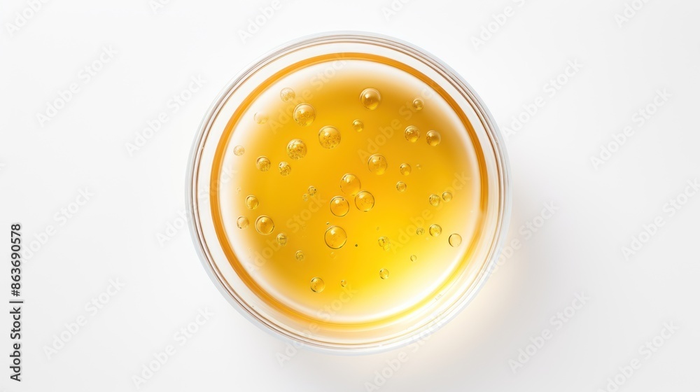 top view of beer bubbles in glass cup on white background top view of beer bubbles in glass cup on white background