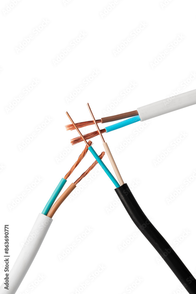 Three Electrical Wires With Exposed Copper Ends Three Electrical Wires With Exposed Copper Ends