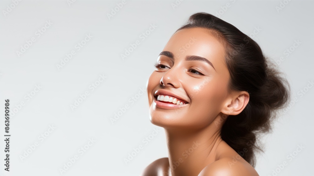 Woman smiling while touching her flawless glowy skin Woman smiling while touching her flawless glowy skin