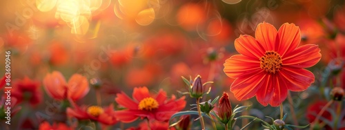  A field blooming with red and yellow flowers, sun illuminating their leafy backgrounds