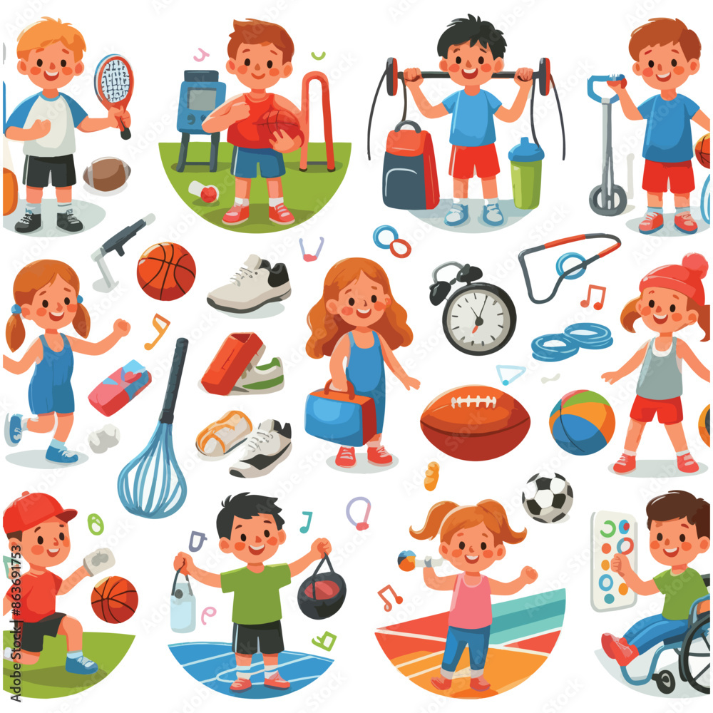 Vector illustration collection of kids and sport equipments Vector illustration collection of kids and sport equipments