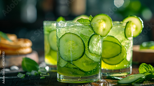 Two refreshing glasses of cucumber and mint drink, perfect for a hot summer day. photo