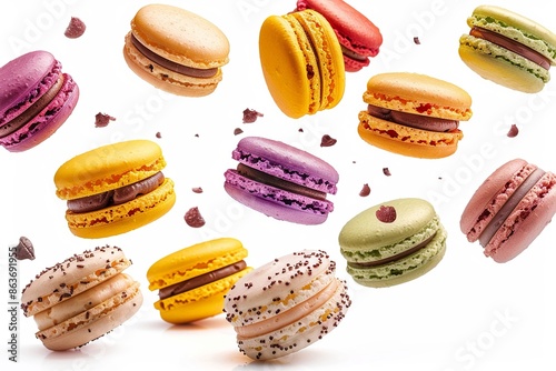 Various colorful of macarons floating on the air isolated White background