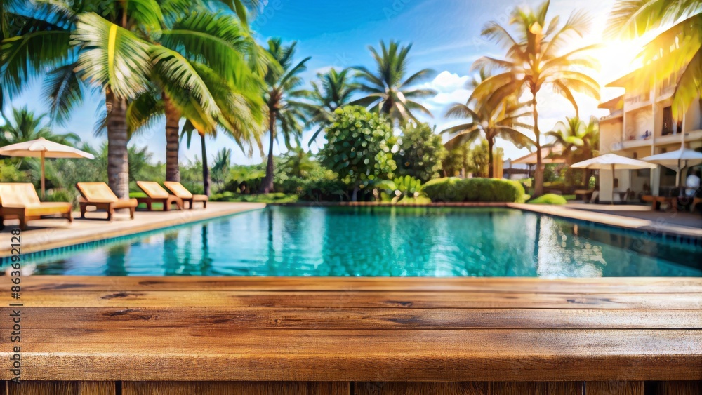Fototapeta premium Elegant wooden desk with mockup space on a blurred tropical resort poolside background, perfect for showcasing products in a relaxing summer travel atmosphere.