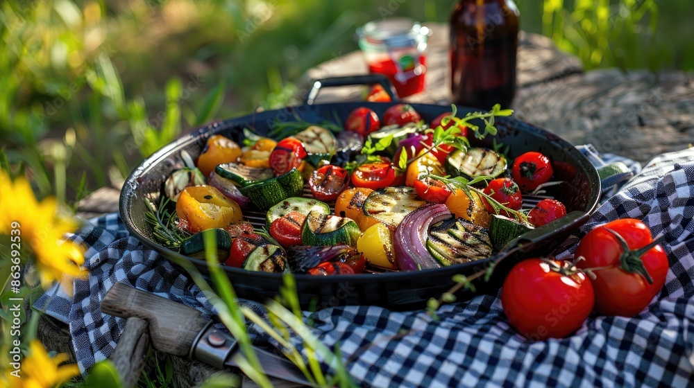 Summer snack, colorful barbecue vegetables, tomatoes and zucchini. Delicious healthy food for a large company of people. Picnic in nature. Summer snack, colorful barbecue vegetables, tomatoes and zucchini. Delicious healthy food for a large company of people. Picnic in nature.