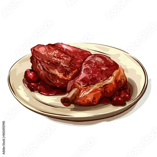 cooked meat on a plate, in the style of colored cartoon style, realistic brushwork photo