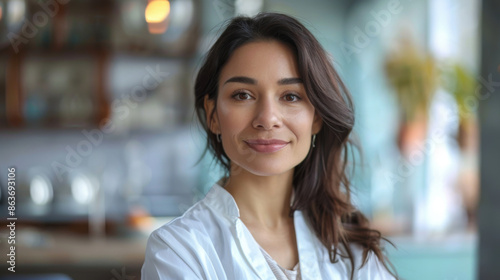 Portrait of a confident female chef in a modern kitchen, wearing a white apron and smiling at the camera.