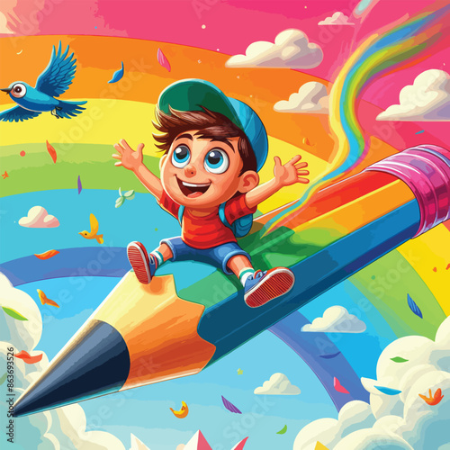 A funny kid soaring through the sky on a vibrant, rainbow-colored pencil, with clouds and birds adding to the playful scene