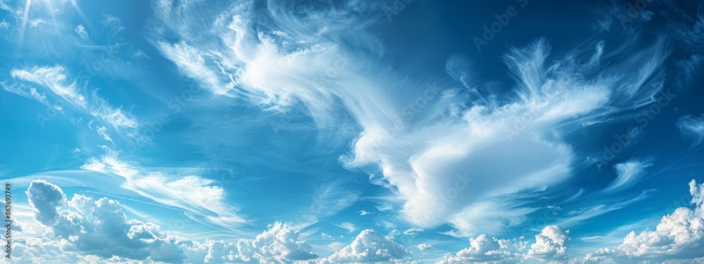 Obraz premium blue sky dotted with cotton-like clouds A solitary plane cuts through the cloudless expanse mid-flight on a radiant, sunny day