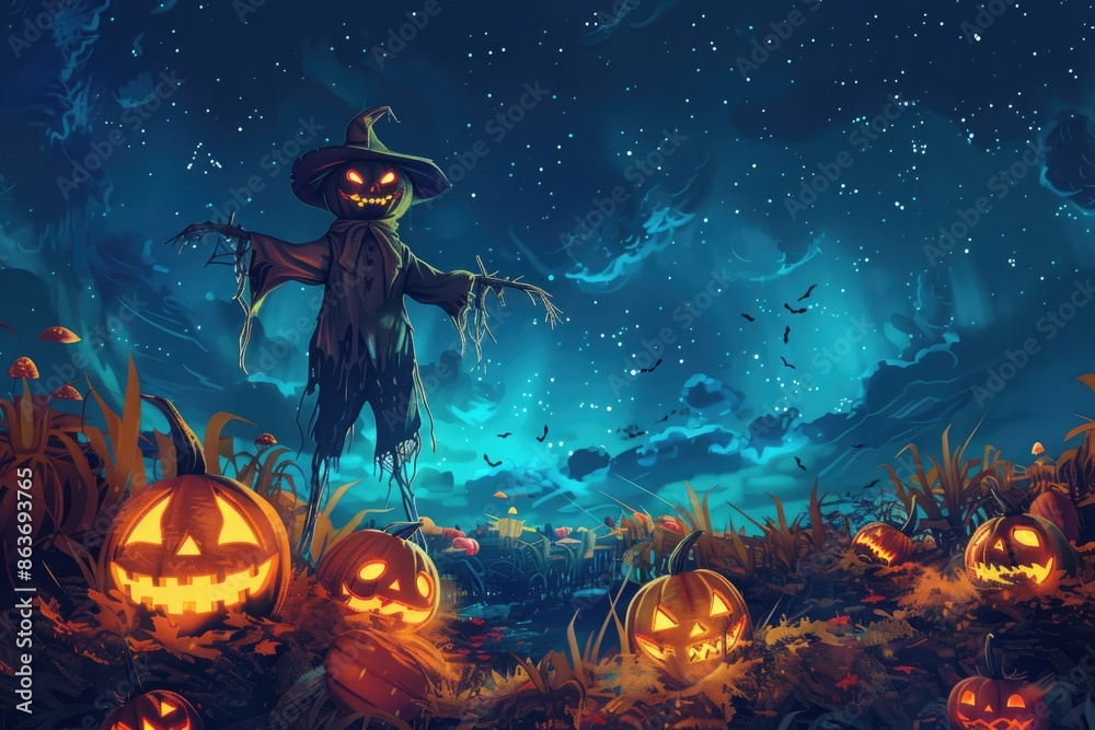 Fototapeta premium A scarecrow standing in the middle of a pumpkin patch under a night sky filled with stars, with a few jack - o' - lanterns glowing faintly in the darkness