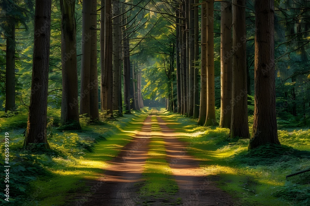 Fototapeta premium A path in the forest lined with tall, beautiful trees in the sunlight