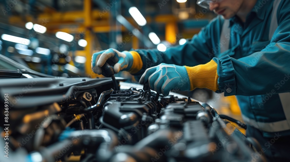 Mechanic working on a car engine in an automotive repair shop. Mechanic working on a car engine in an automotive repair shop.
