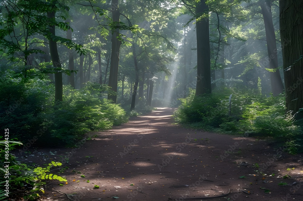 Obraz premium A path in the forest lined with tall, beautiful trees in the sunlight