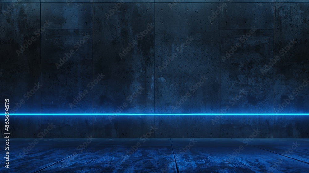Mysterious blue neon light line in dark concrete room Mysterious blue neon light line in dark concrete room