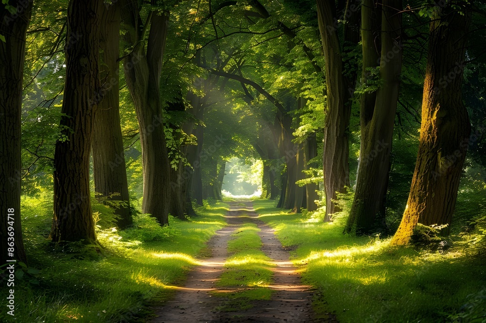 Fototapeta premium A path in the forest lined with tall, beautiful trees in the sunlight