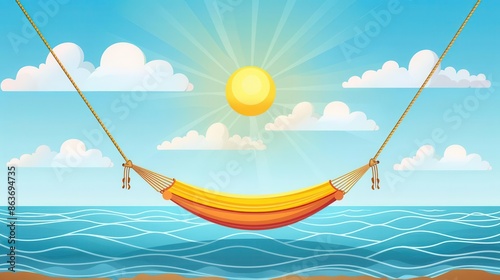 Sunshine and hammock relaxation flat design, front view, summer theme, water color, Complementary Color Scheme