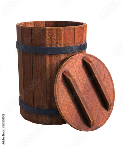 A wooden barrel with its lid next to it. 3D illustration on transparent background. 