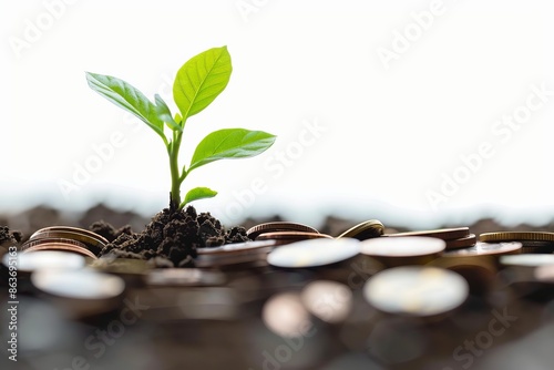 A plant growing from a pile of coins, symbolizing investment growth isolated on White background
