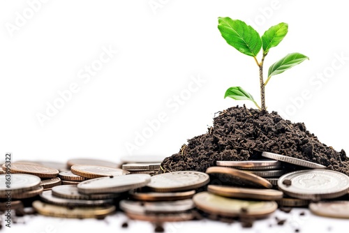 A plant growing from a pile of coins, symbolizing investment growth isolated on White background